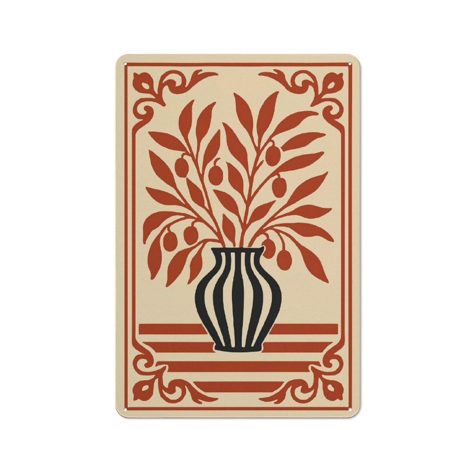 Junmoney Style-16 Modern Retro Decorative Metal Plaque 30X20cm Featuring Art Nouveau Floral Vase Illustration, Loft Wall Plaque For Flat, Bar, Studio Or Gallery Wall