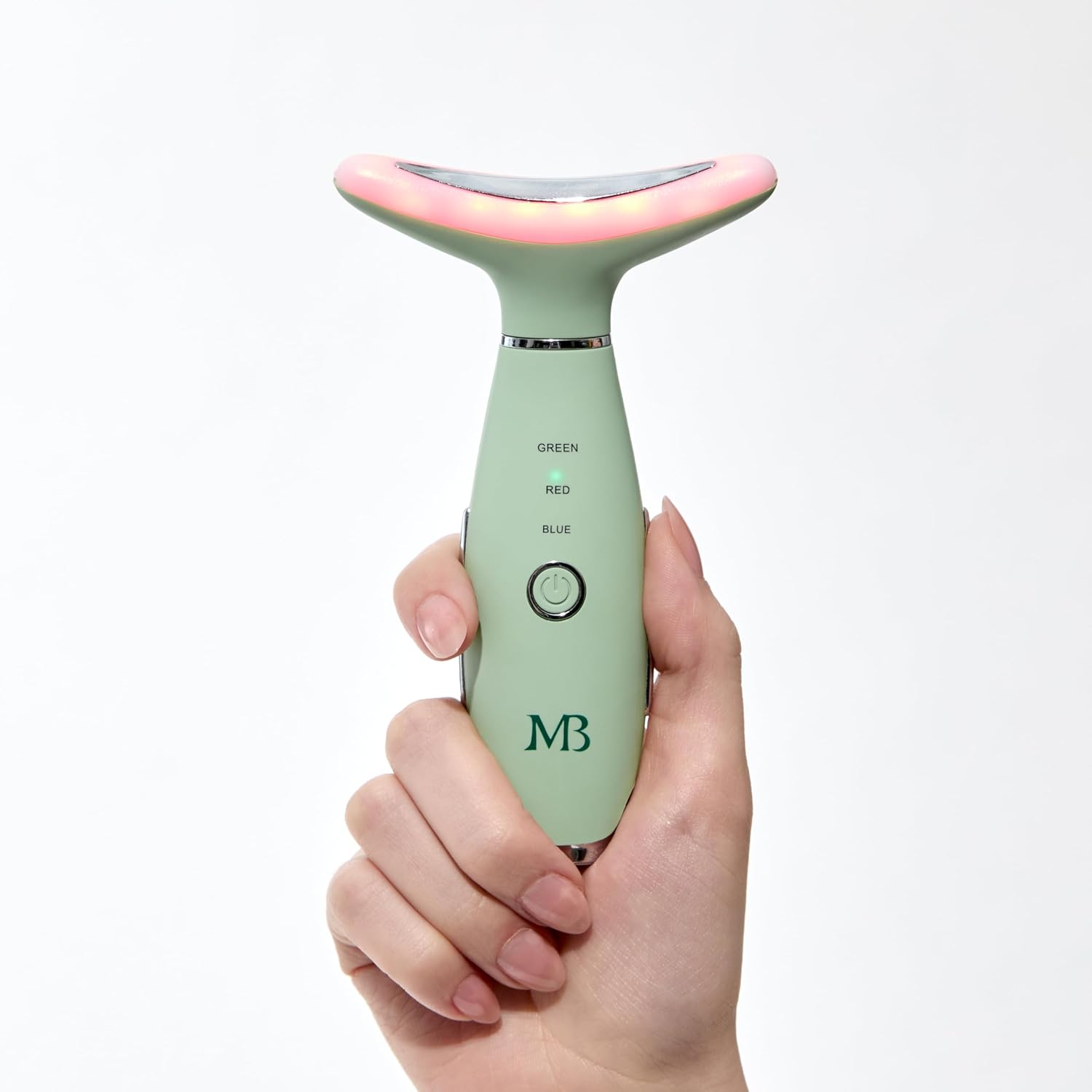 Hand holding device with green, red, and blue lights illuminated