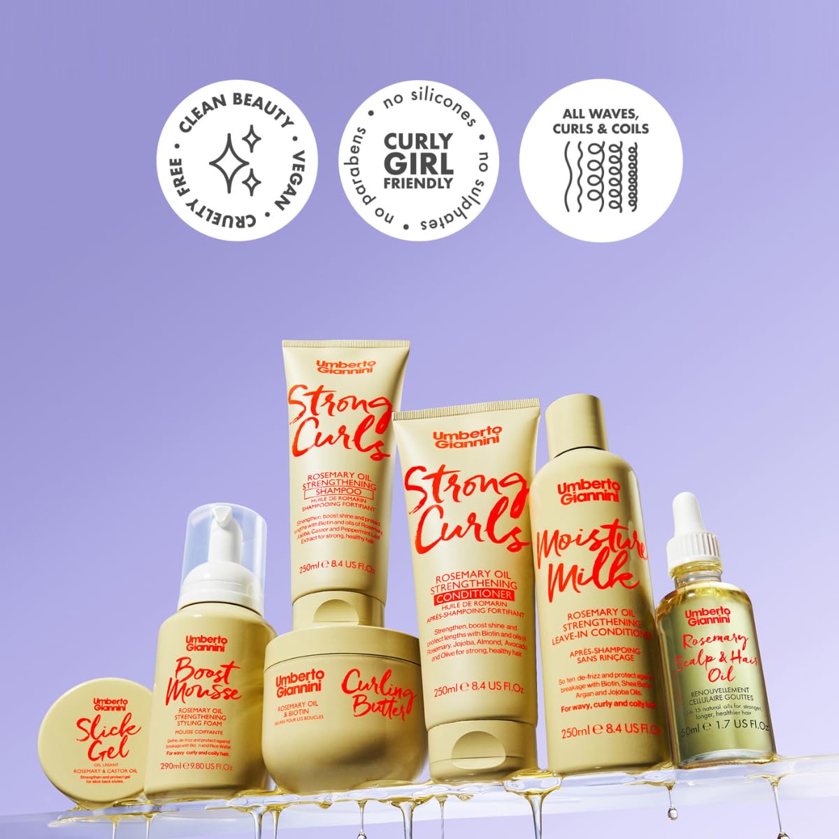 Umberto Giannini Strong Curls Mousse coiffante à l'huile de romarin pour cheveux bouclés, bouclés et ondulés – Comprend de la biotine – Sans sulfate et végétalien