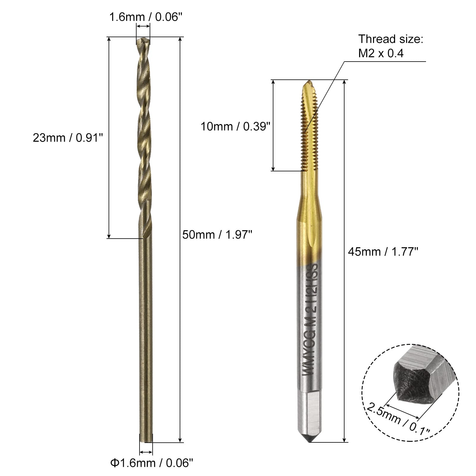 Set di maschi e punte da trapano metrici, 2 maschi filettati a punta elicoidale M2 x 0,4 rivestiti in titanio e 2 punte elicoidali da 1,6 mm color giallo tostato, utensili per filettatura e maschiat