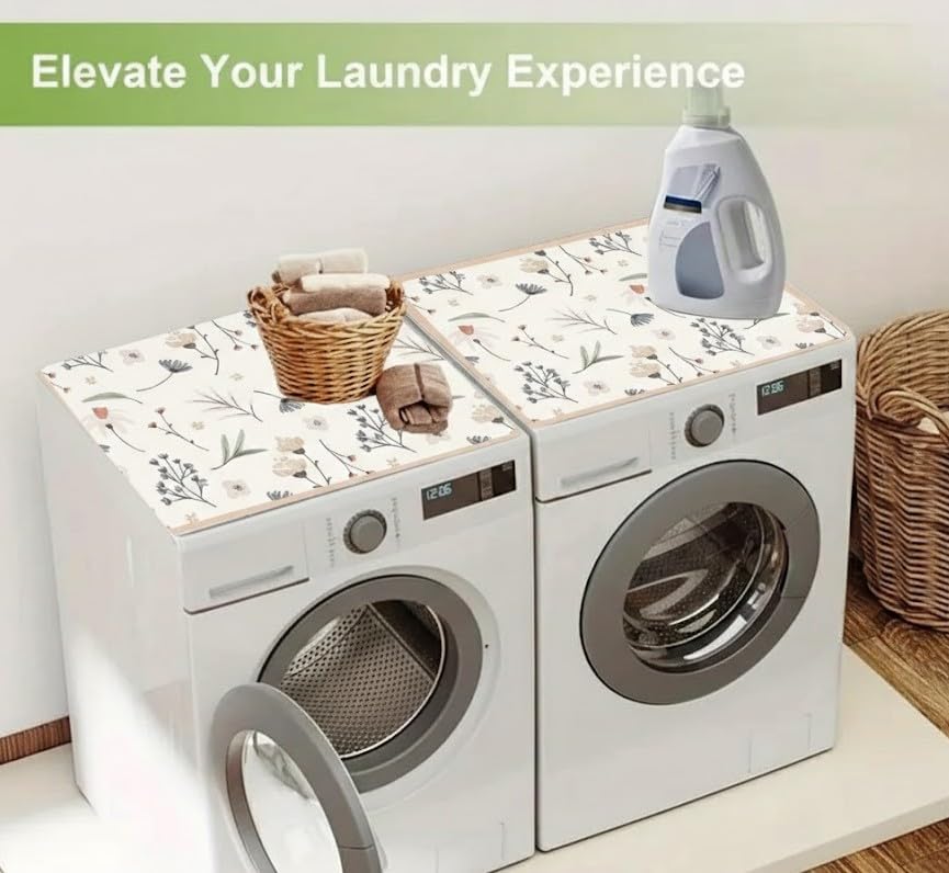Image of HomeCloud Washing Machine Protective Mat for Top of Washer and Dryer - Non-Slip Waterproof Dust Cover for Laundry & Kitchen (60 x 60) (Beige Purple Flower)