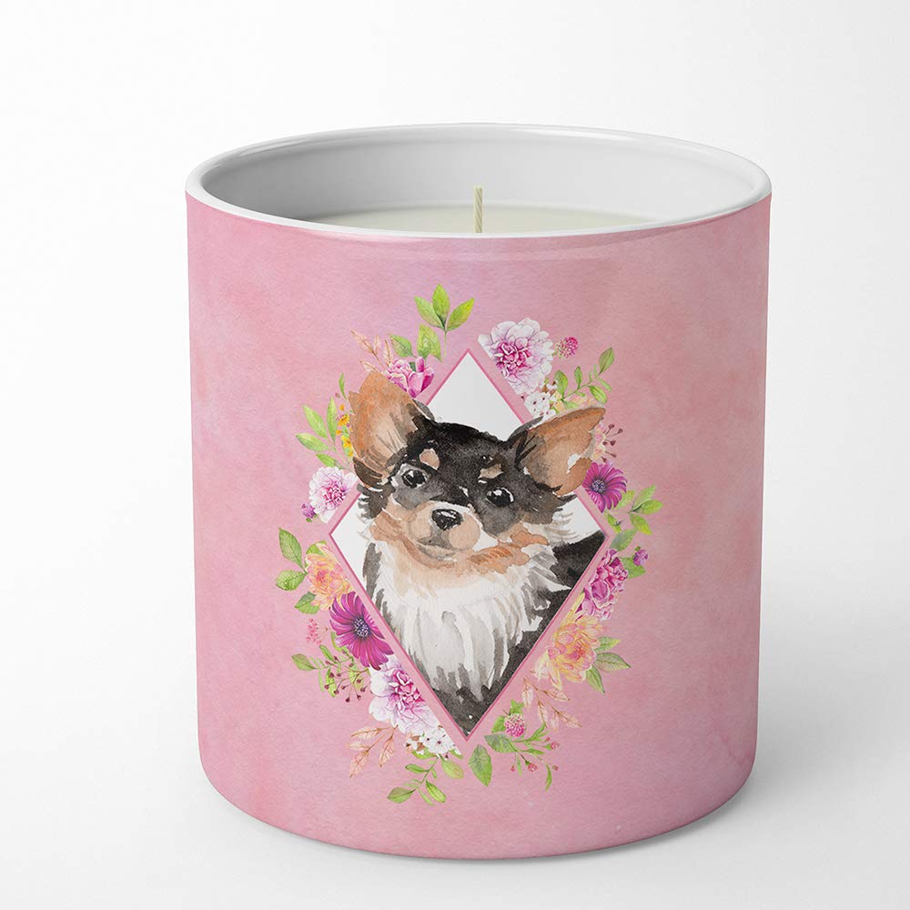 Chihuahua poil long fleurs roses pot de soja idée cadeau maître de chien
