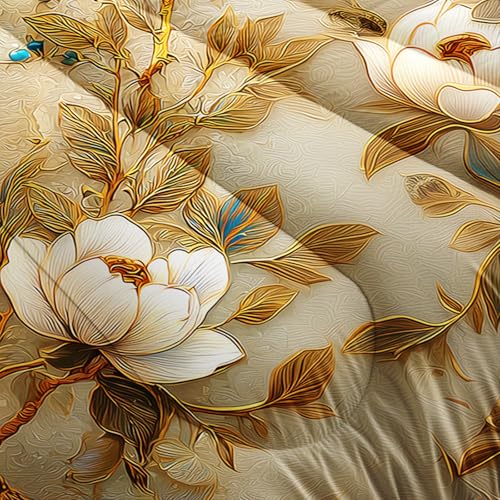 Image of AILONEN Peacock Gold Floral Luxury Print Bedding Sets Twin Size,Beautiful Garden Birds Comforter Set for Girls Women Bedroom Decor,3-Piece, 1 Quilt and 2 Pillowcases