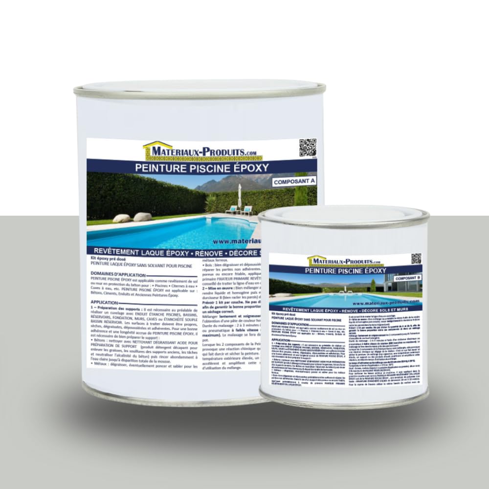 MATPRO - Peinture Piscine Epoxy - Sans Solvant - Très Haute Adhérence sur Béton, Ciment, Enduit - Application Travaux Neufs/Réparation - Gris Clair - 1Kg