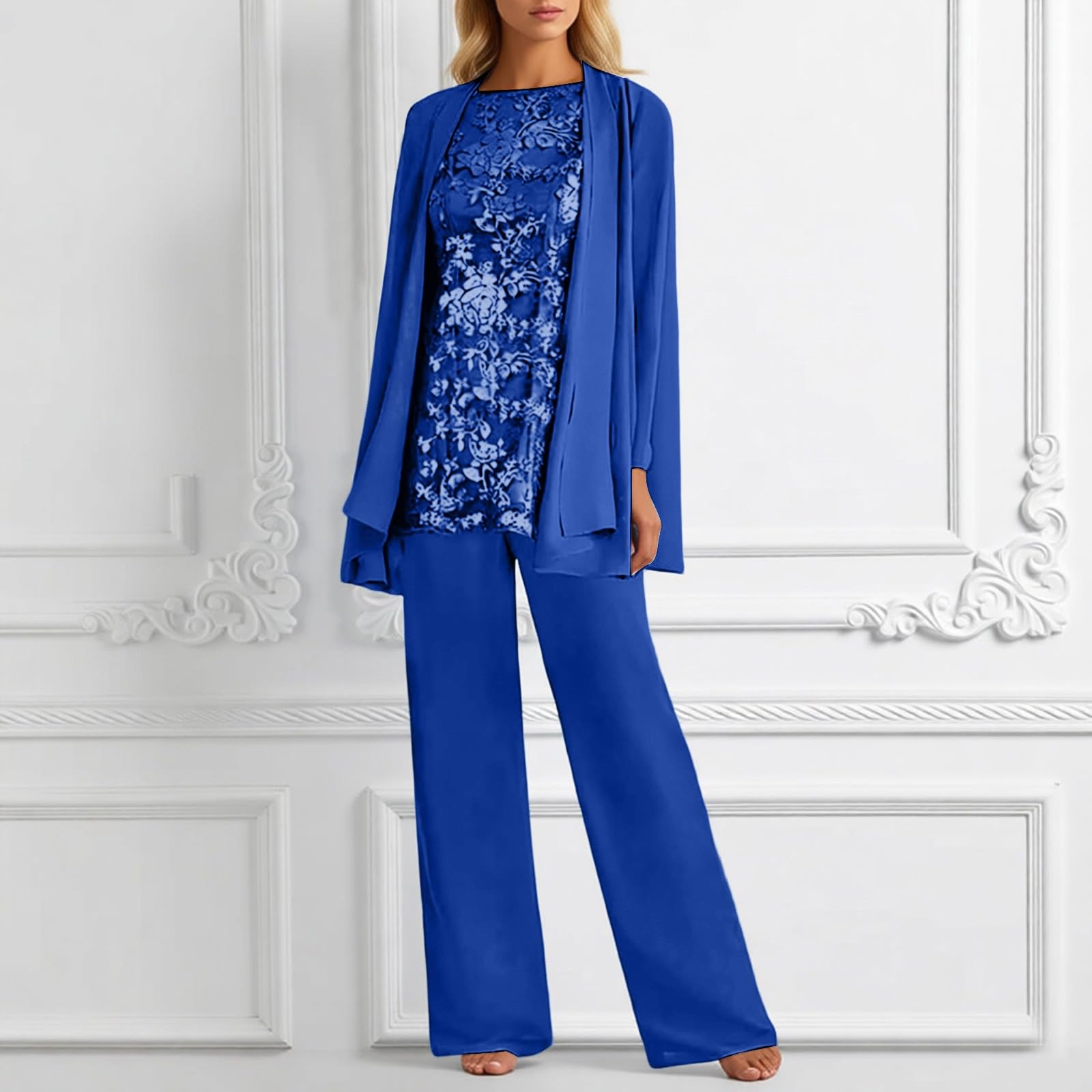 Ensemble Femme 3 Pièces Chic et Élégant Grande Taille, Haut à Manches 3/4, Pantalon Ample et Cardigan Assorti, Grande Taille Tenue de Mariage et Cérémonie
