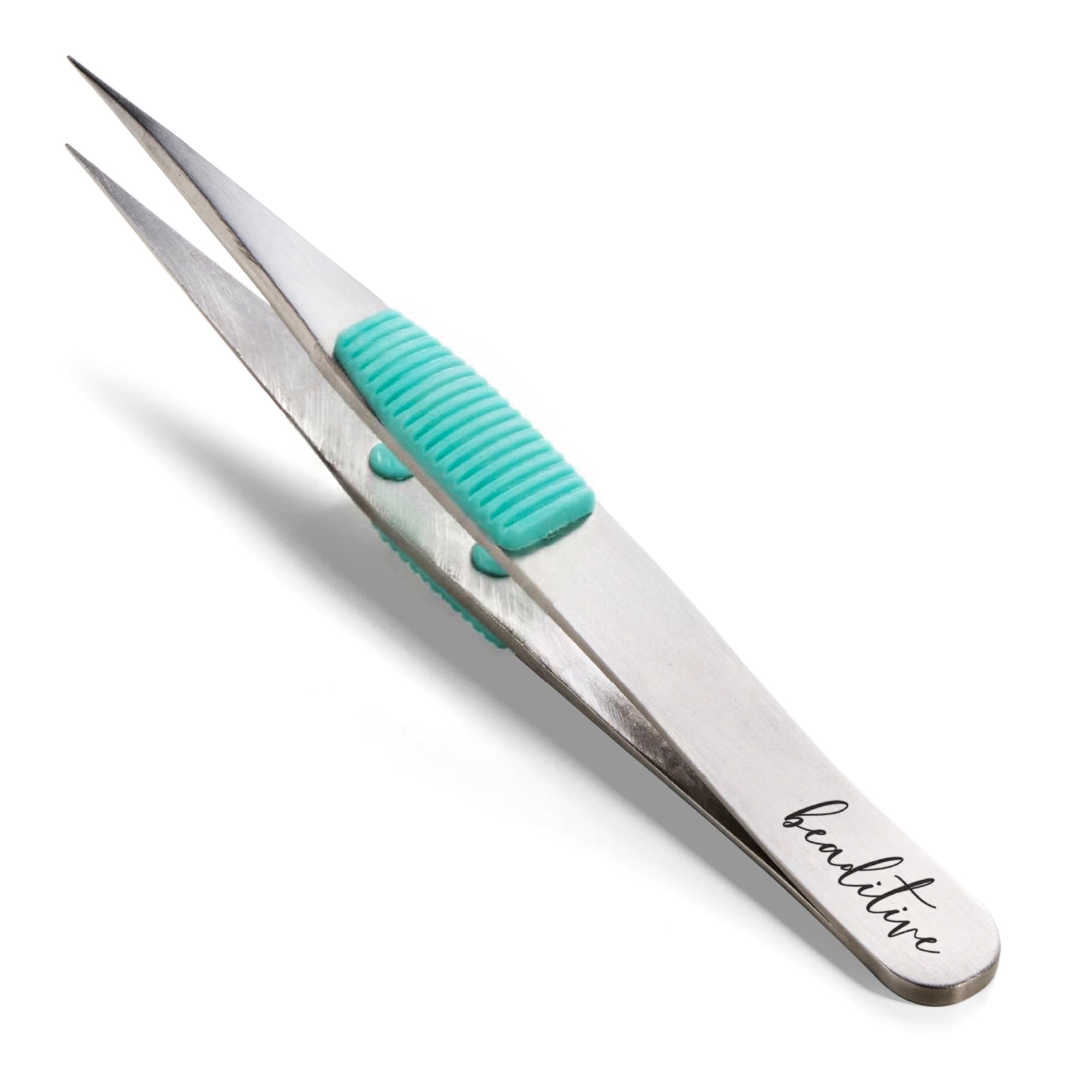 Beaditive High Precision Heavy-Duty Tweezers with Cushion - 4.7" Craft Tweezers for Sewing, Beading & DIY Crafts - Non-Serrated, Fine Point Tips - Stainless Steel Needle Nose Hobby Tweezers (Teal)