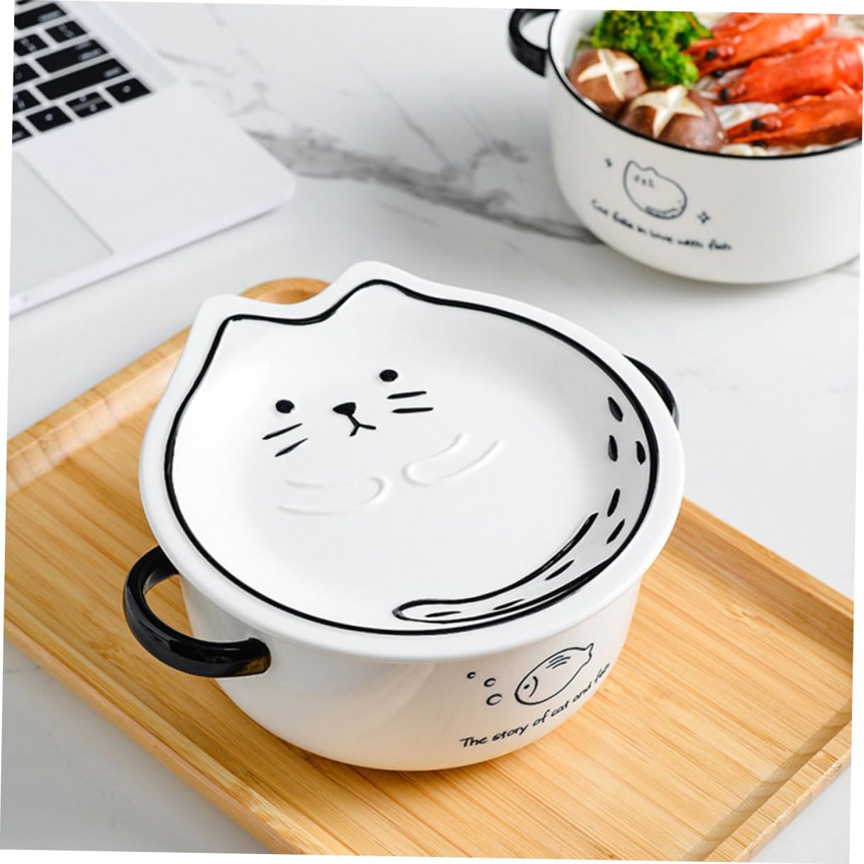 Mobestech Japanese Style Ceramic Noodle Bowl with Lid Large Soup Bowl for Household Use Cute Food-grade Ceramic Ramen and Soup Dish and Easy to Clean for Students and Dormitories