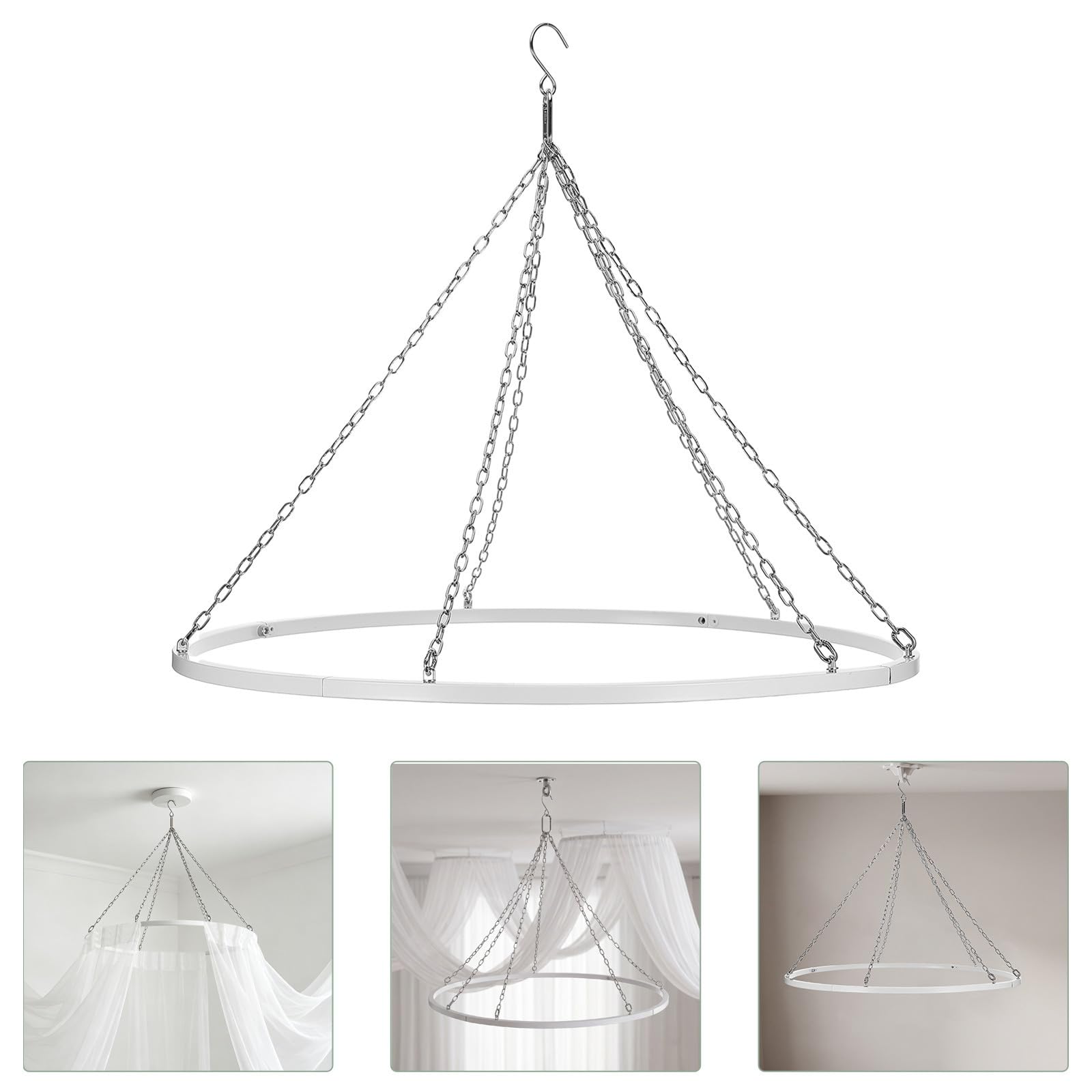 Deckenbaldachin Aufhängeset 24 Zoll Silbermetallic aus Eisen und Edelstahl | Abnehmbar, Runde Form, Ketten und Haken Inklusive, für Bridal Shower und Outdoor, Leicht Montierbar