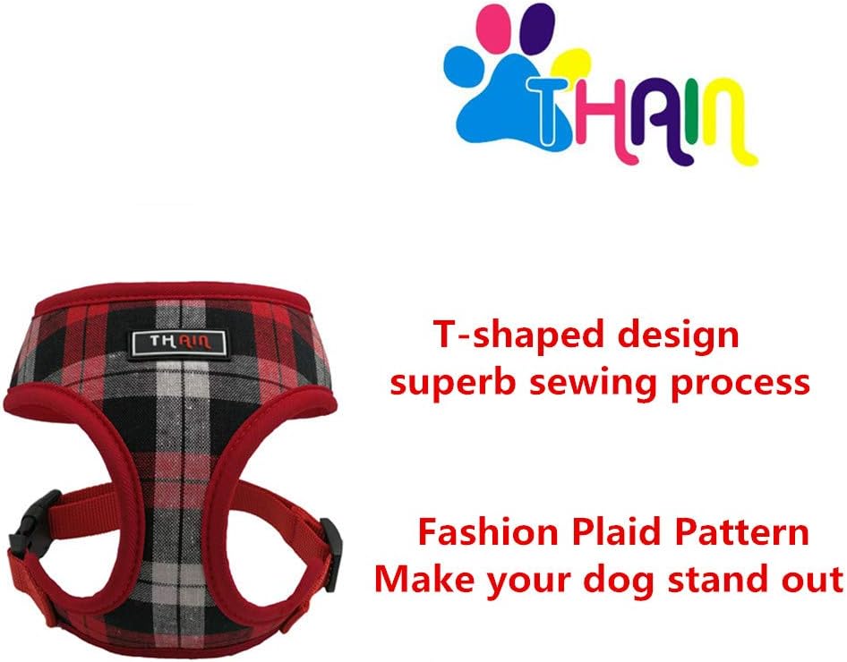 THAIN Soft Mesh Dog Harness Plaid Adjustable Dog No Pull Harnesses Padded Walking Vest for Small Medium Dog (M, Red)