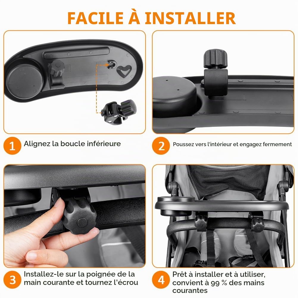 OSDUE Plateau à Goûter pour Poussette, avec Plateau à collation et Porte-gobelet, Plateau à collation 3 en 1, Plateau à dîner pour Poussette avec Porte-gobelet, Accessoire Universel pour Poussette