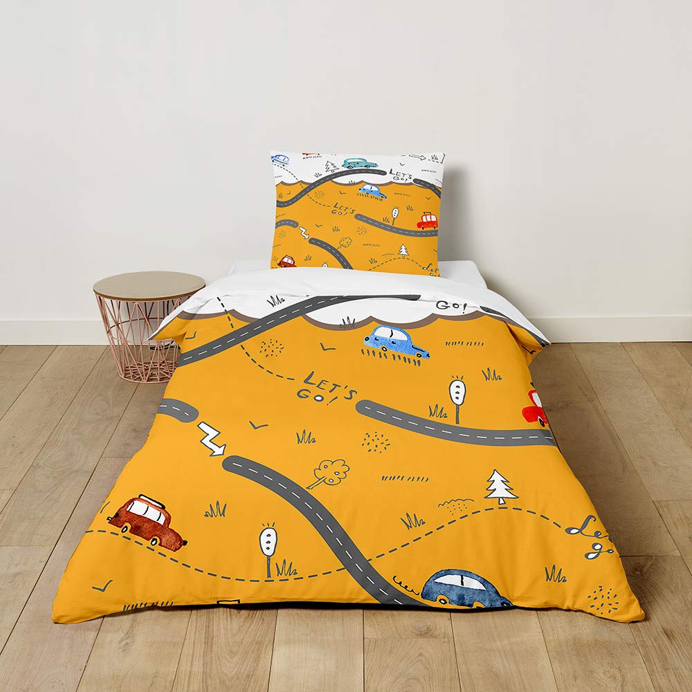 FANSU Children Boys Kids Duvet Cover Bedding Set 2 Piece, 3D Cartoon Car Print Easy Care Quilt Cover & Pillow Set for Nursery Toddler Cot Single Size Bed (Highway,120x150cm+40x60cm)