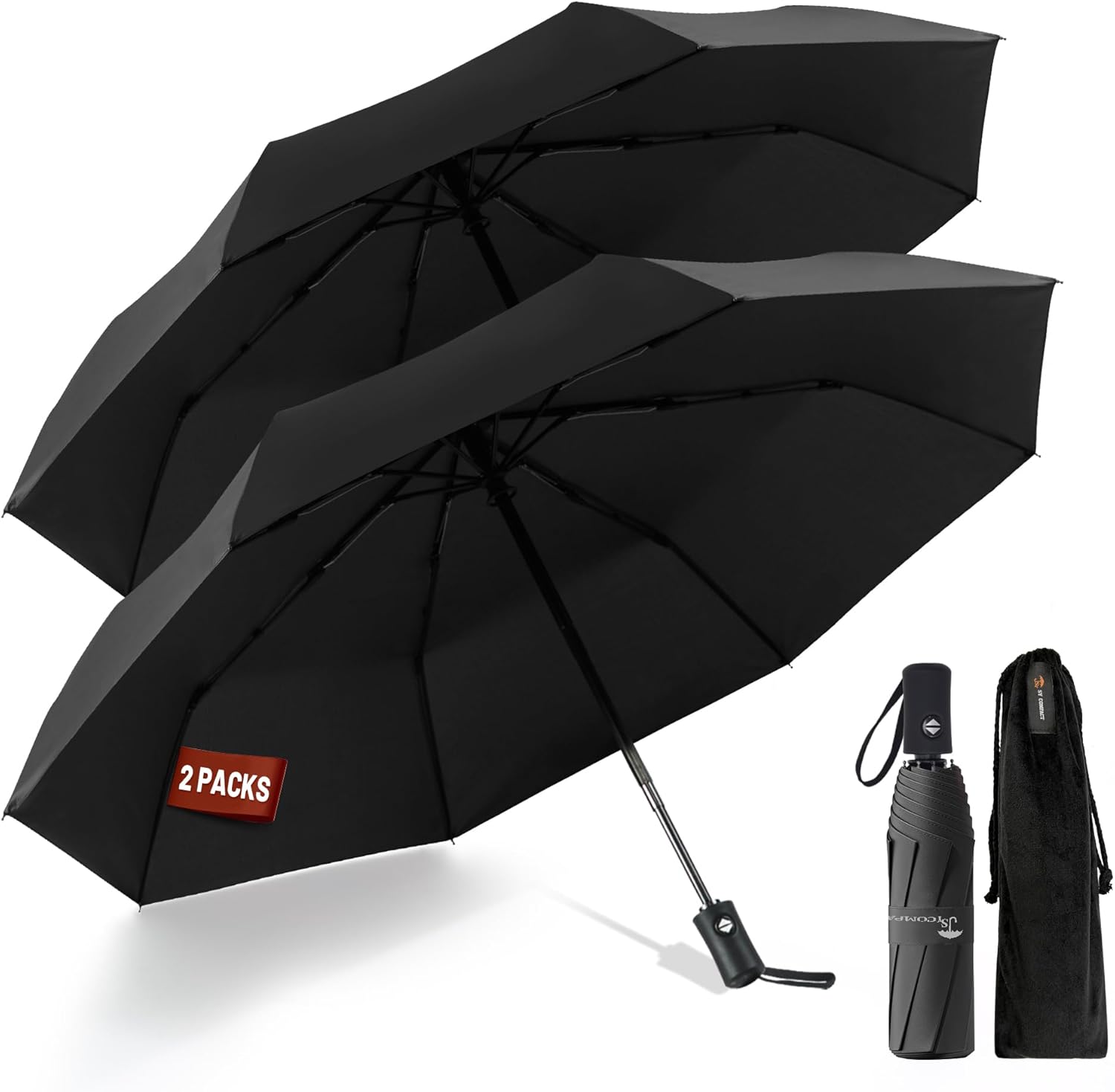 SY COMPACT Travel Umbrella 2 Pack - Windproof Automatic Small Umbrella Set for Family & Students, Lightest 8-Rib, Strong & Portable, College Travel Essentials Perfect for Home Office & Car, Factory Direct