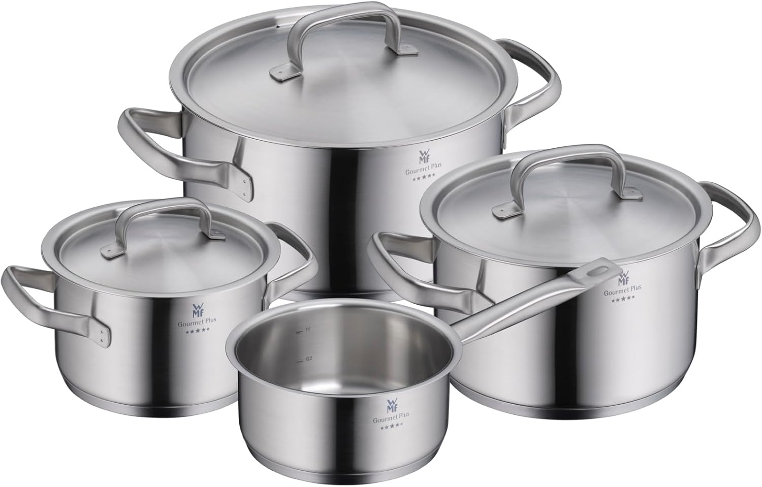 WMF Pot Set 4-Piece Gourmet Plus Inside Scale Steam Vent Made in Germany Hollow Handles Metal Lid Cromargan® Stainless Steel Suitable for Induction Hobs Dishwasher-Safe