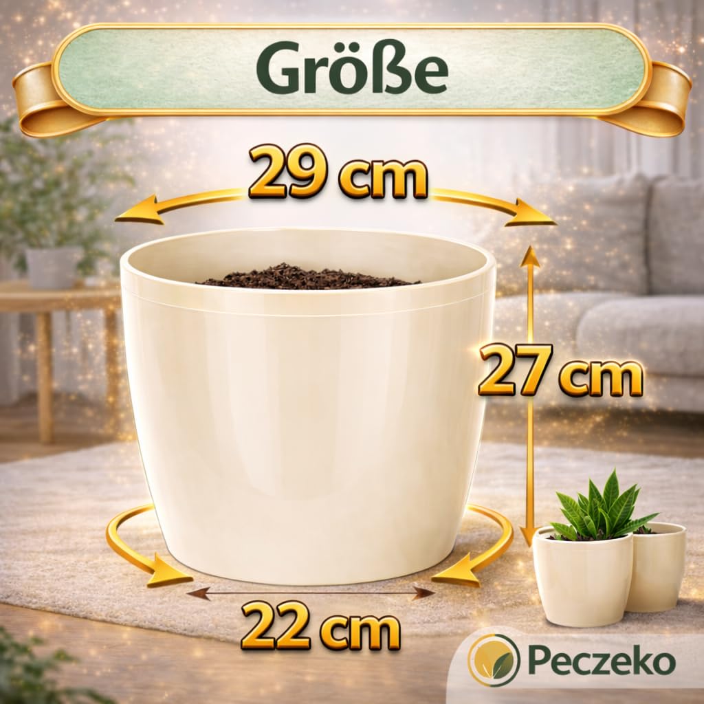 Glänzende Blumentöpfe - Deko Pflanztopf für Blumen & Kräuter - Langlebige & leichte runde Kunststoff-Pflanzentöpfe für Wohn- & Esszimmer, Küche, Balkon - 2er-Set - (Beige, ø 30 cm)