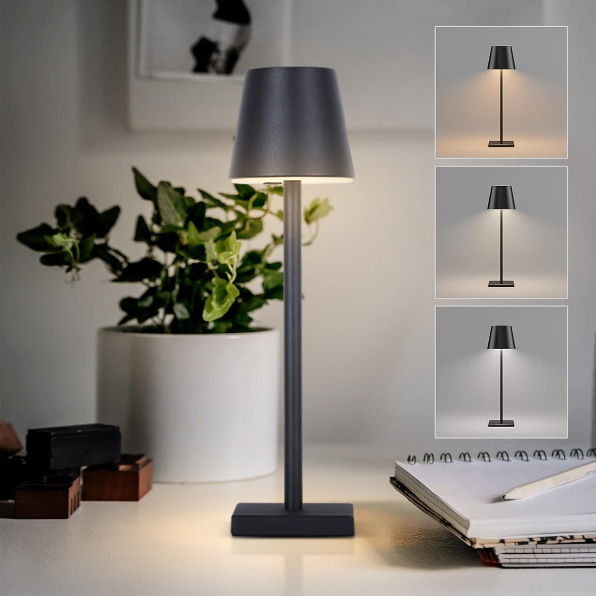 Lámpara de mesa inalámbrica LED de 15.4 pulgadas, 3 colores, regulable, color negro, luces de escritorio de 5000 mAh, batería táctil, luz nocturna recargable por USB, luz de lectura para