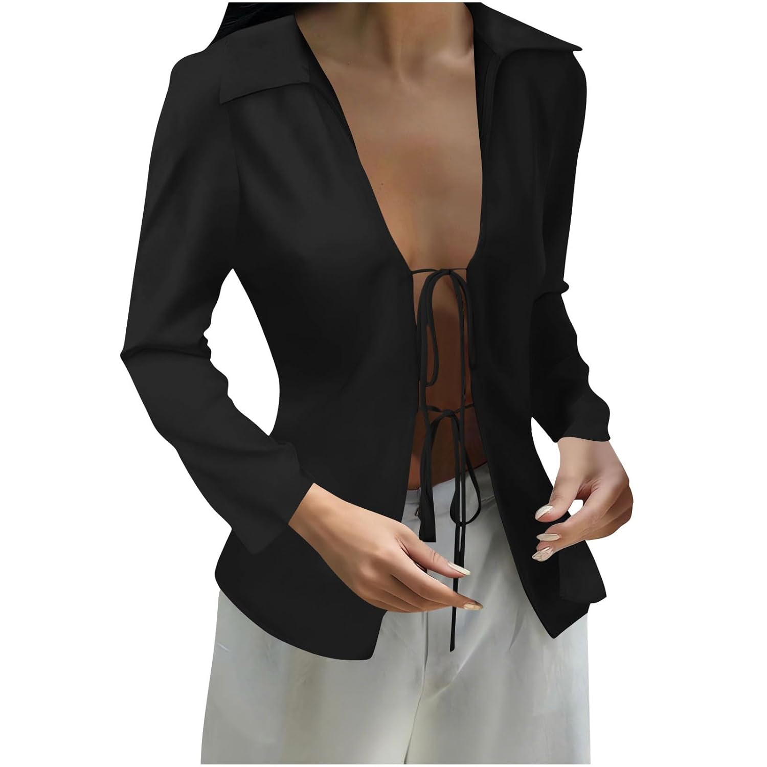 Satin Long Cardigan For Women Sexy Tie Front Deep V Neck Shirts Silk Club Tops Long Sleeve Y2k