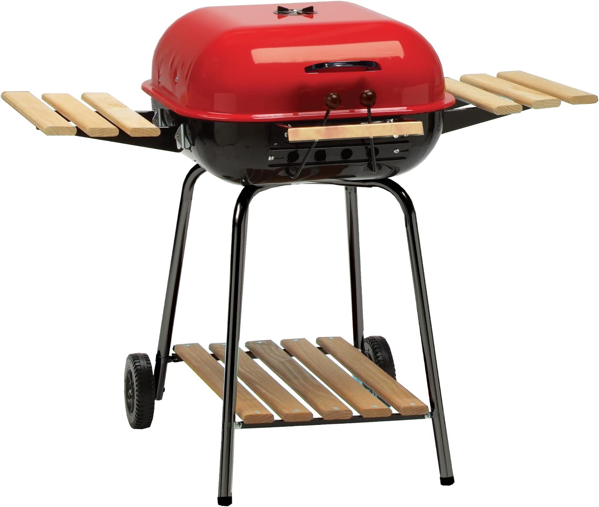 MECO Americana Swinger Portable Wheeled Outdoor Camping Tailgating Charcoal Grill with Adjustable Grid, Air Vents, Side Tables, and Bottom Shelf, Red