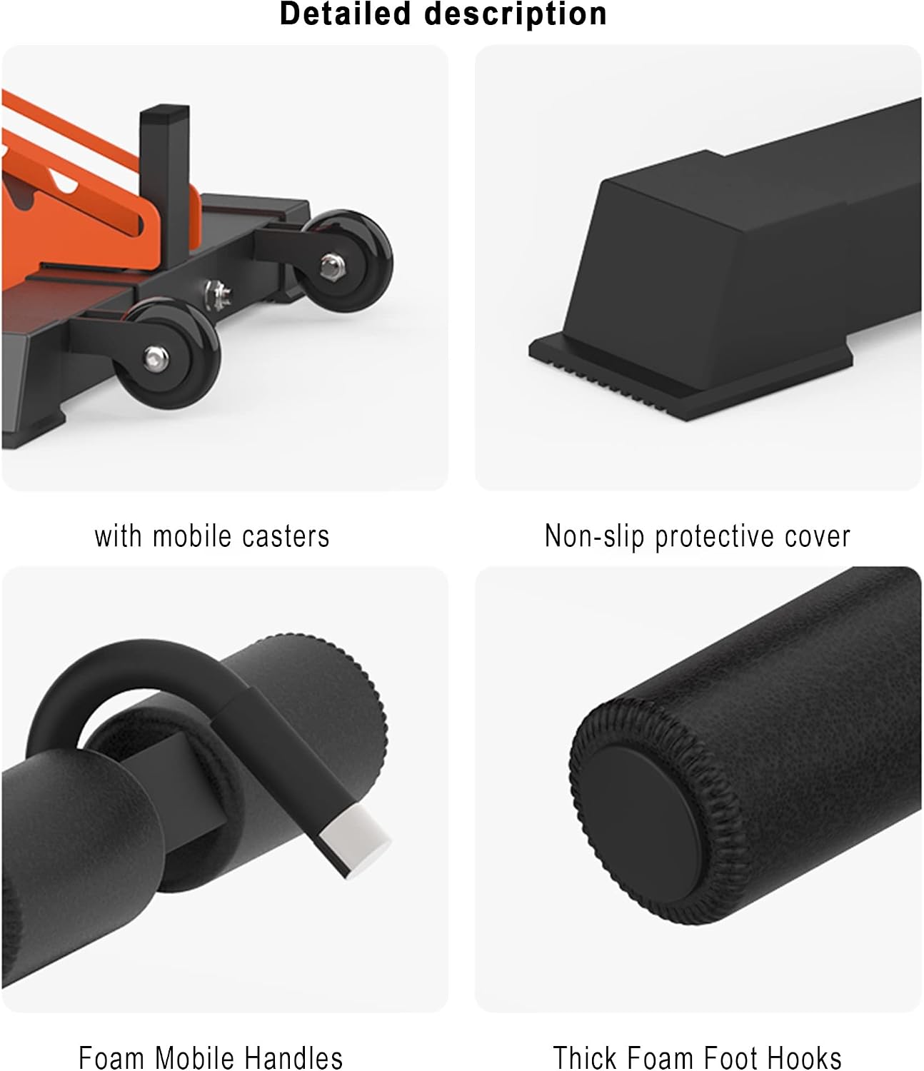 Detallada view of bench components including casters, non-slip covers, foam handles, and foot hooks
