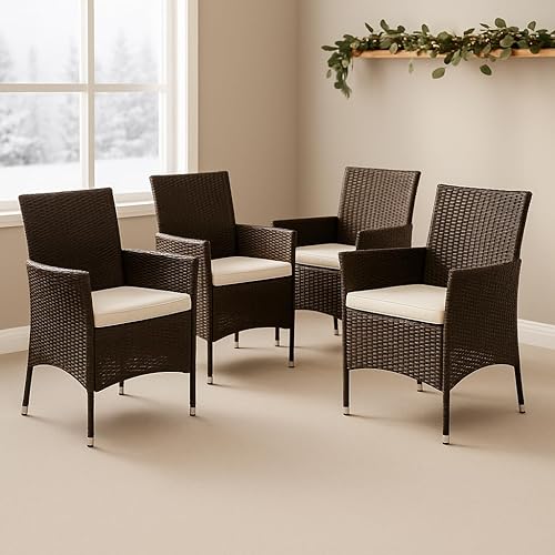 IDZO Juego de 4 sillas de comedor de mimbre, capacidad de 400 libras, patio al aire libre para todo tipo de clima con marco de acero recubierto de
