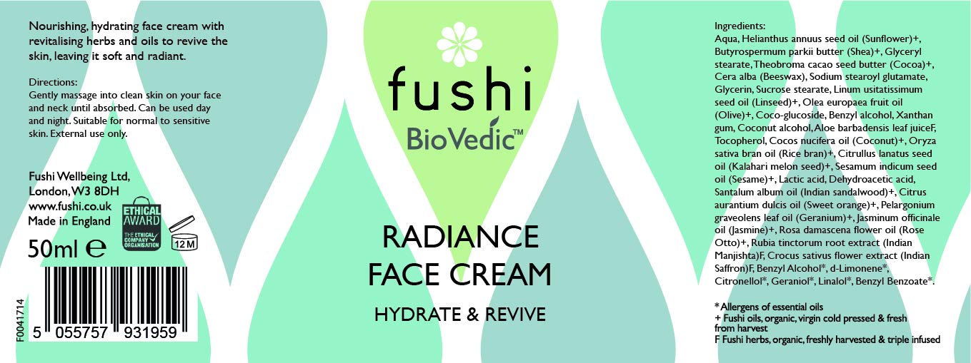 Fushi Biovedic Radiance Face Cream 50ml |Fresh Pressed | Ayurvedic Herb Manjisthta, Kalahari Melon Seed & Rice Bran Oils |Best For Hydration, Nourishing & Skin Brightening | Manufactured In The UK