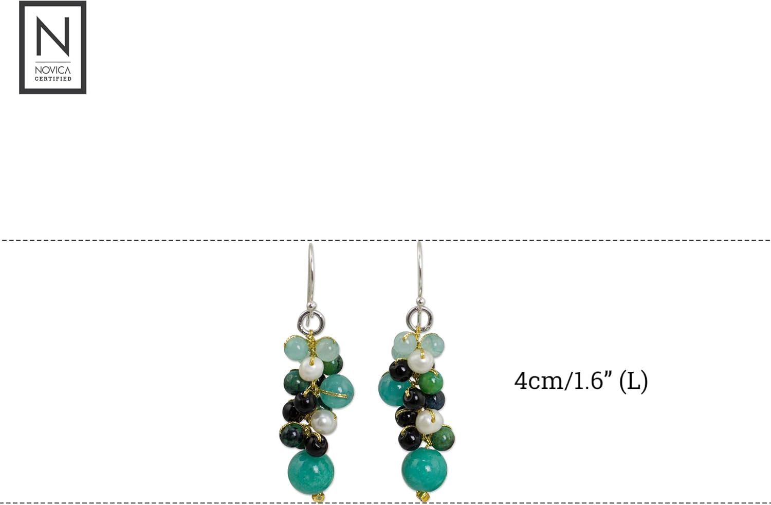 NOVICA Artisan Handmade Cultured Pearl Cluster Earrings Thai Green Agate Quartz Sterling Silver Plated Carnelian Glass Bead Black Beaded Dangle Thailand Bohemian Birthstone [1.8 in L x 0.4 in W] '