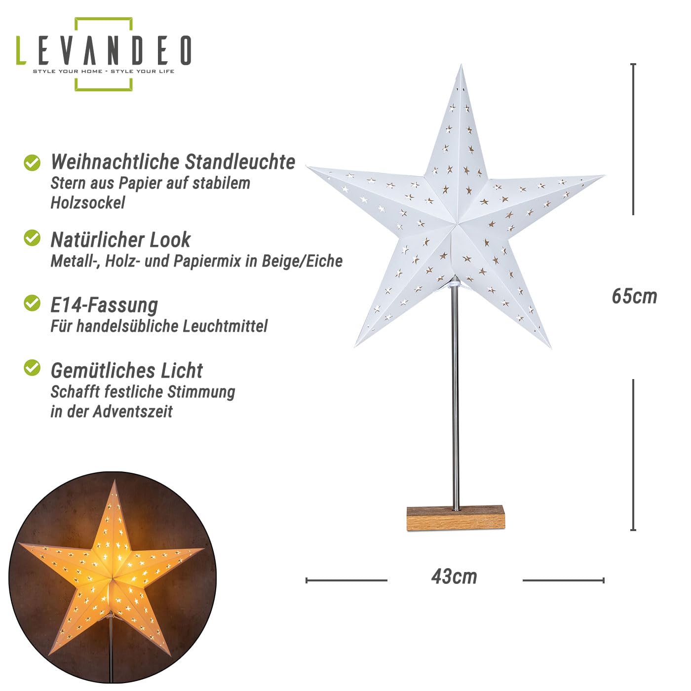 LED Stern Weiß H65cm mit Standfuß Weihnachten Leuchtstern Tischdeko Weihnachtsdeko Weihnachtsstern Dekostern