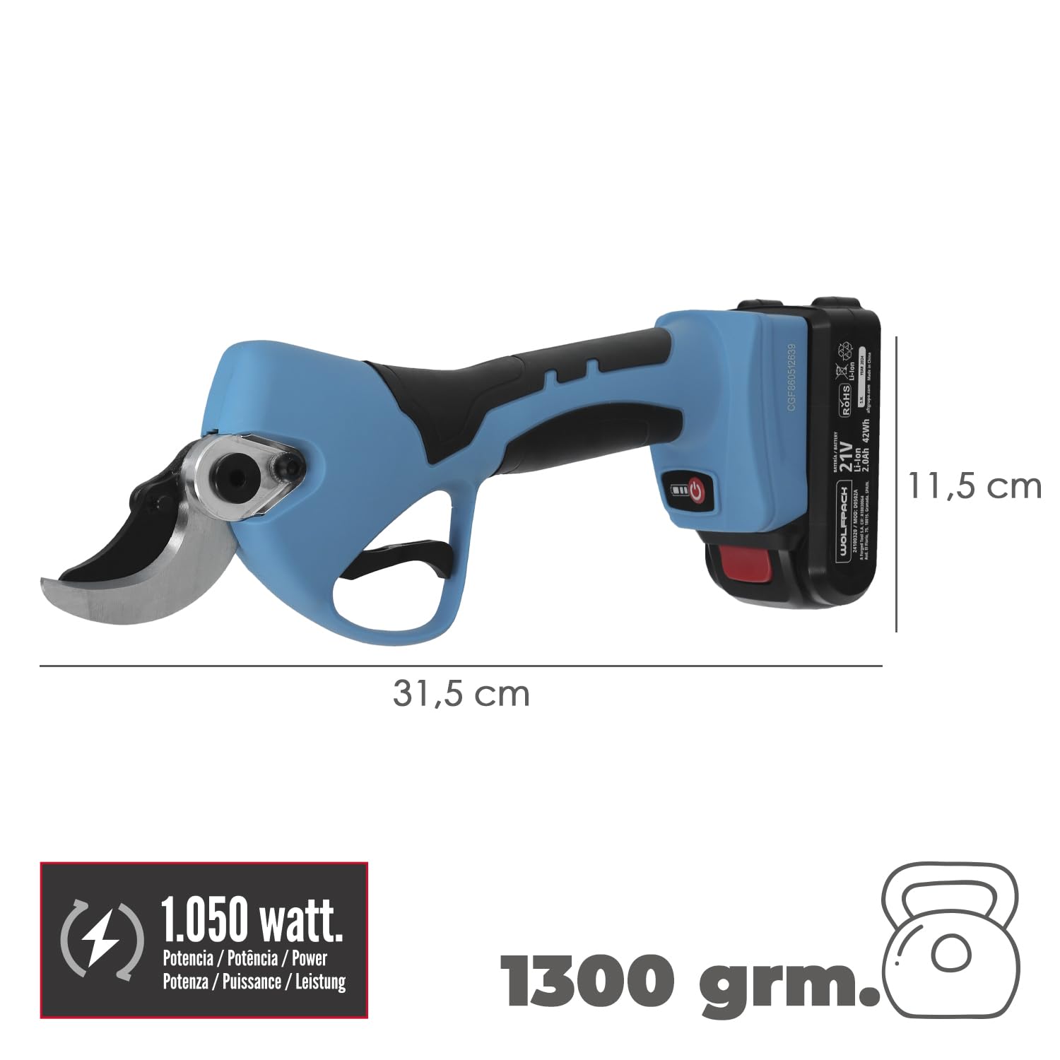 WOLFPACK LINEA PROFESIONAL Tijeras Podar A Bateria 21 Volt. Con 2 Baterias 2 A/h Mango Engomado, Ø Corte 40 mm.Con Maletín
