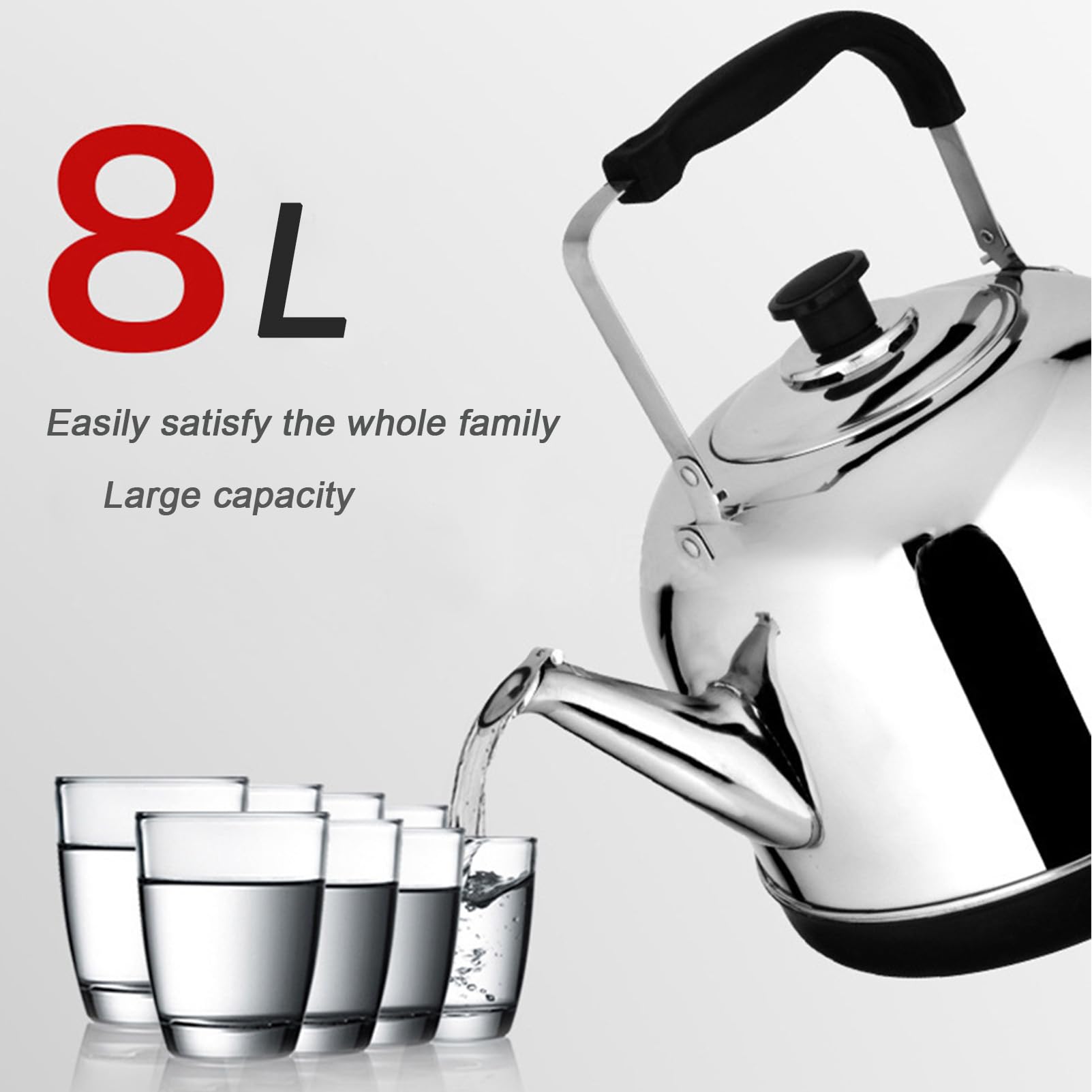 Hervidor de agua de gran capacidad, acero inoxidable 304 cepillado, mango anti-escaldaduras, apagado automático, 1500 W, 8 L, plateado, 8 L