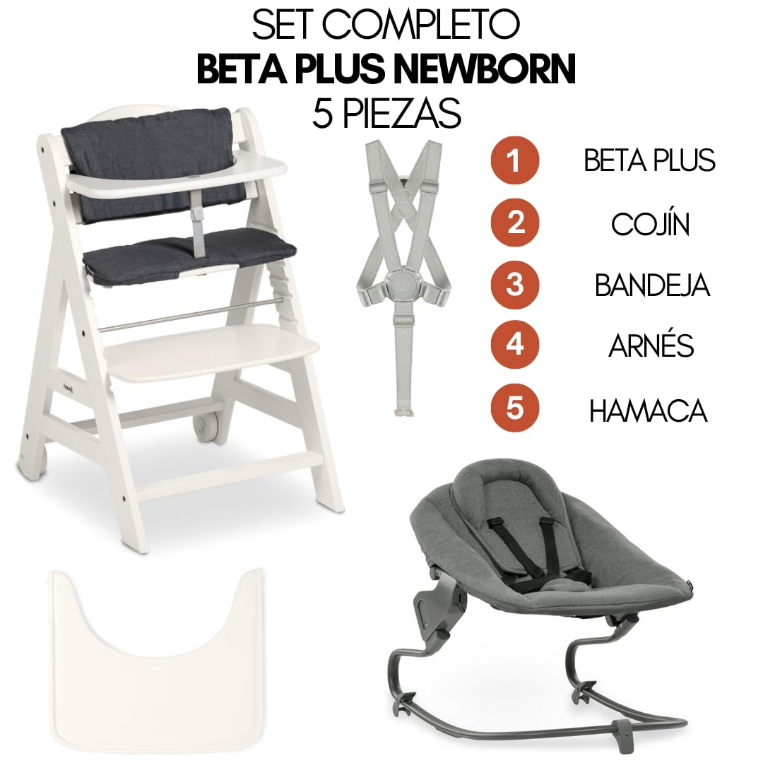hauck Beta Newborn Set de Trona de Madera para Bebés - Tronas Evolutivas para Recién Nacidos con Hamaca Premium Cojín y Bandeja - Silla Alta Niños Comedor - Blanco
