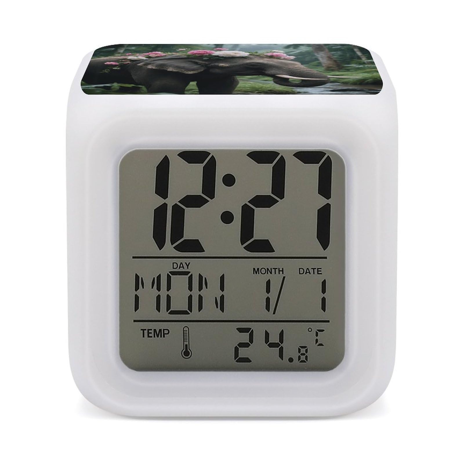 VstaDank Flower Elephant Alarm Clock Sleep Trainer 7 Color Changing Night Light Modern Touch Bedside Lamp Fashion Digital Clock with Temperature Display Wake Clocks for Loud Alarm