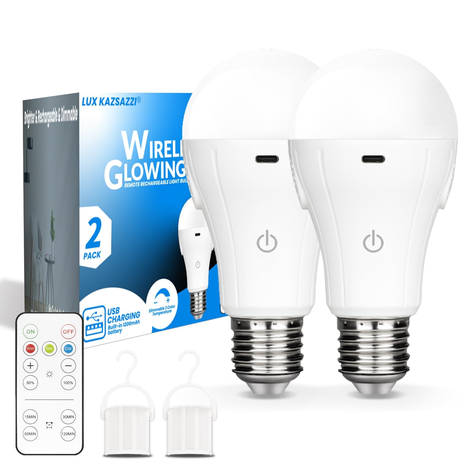 WirelessGlow Rechargeable Light Bulbs with Remote, 3 Color Temperatures and Dimmable Battery Operated Light Bulbs, Touch Control + USB Rechargeable Battery Light Bulb, A19, 2 Pack