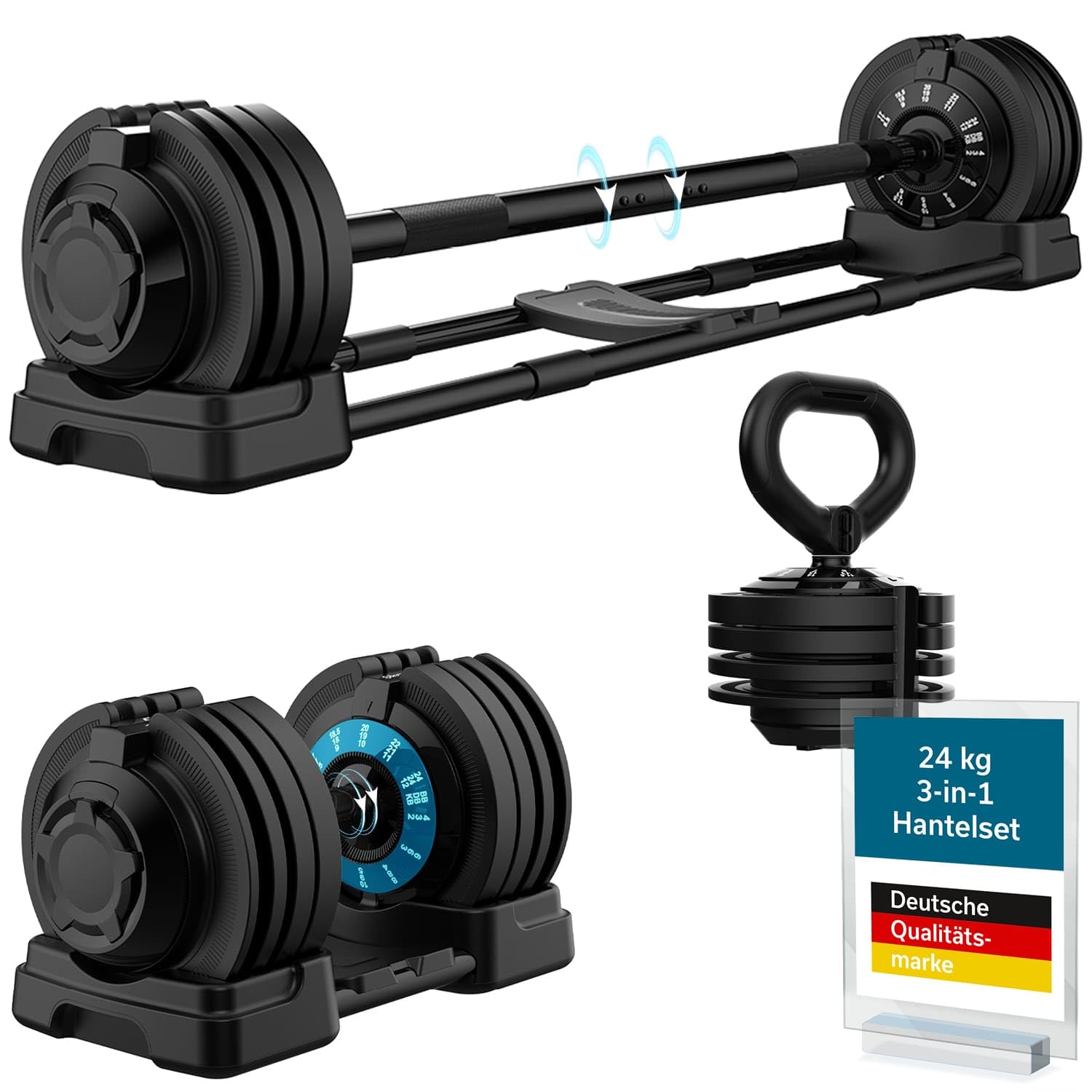 Skandika Hanteln Paino | Hantel verstellbar, Hantel Set, 1,5 bis 24 kg Gewichte, Kurzhanteln, Langhantel, Kettlebell, Hantelset, Dumbbells, Hantelscheiben | Verstellbare Hanteln für Zuhause, Gym