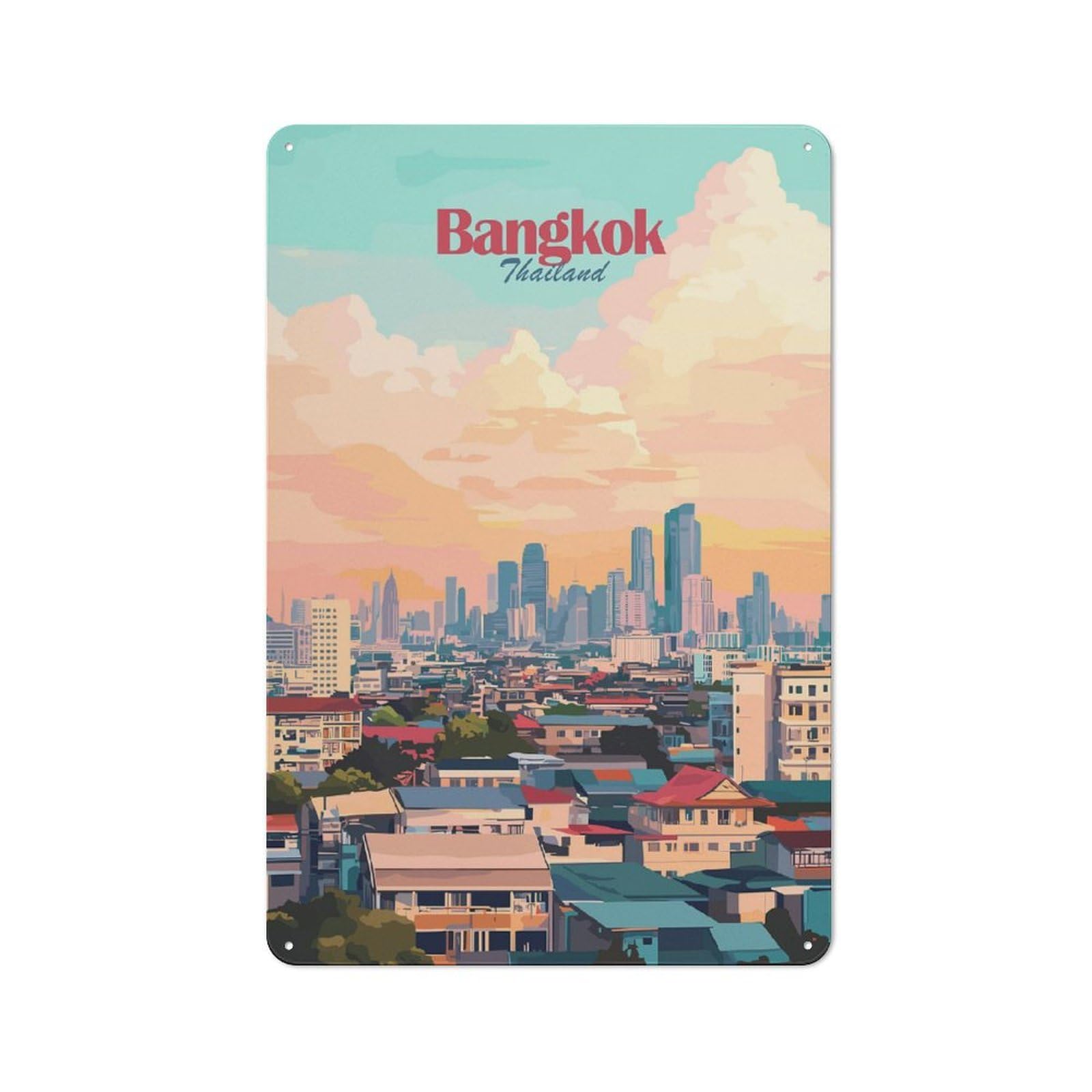 Junmoney Style-6 Bangkok Thailand Cityscape Illustration Rustic Tin Wall Plaque 30X20cm For Hobby Room Or Studio, A Christmas Gift For People Styling Hobby Room And Studio