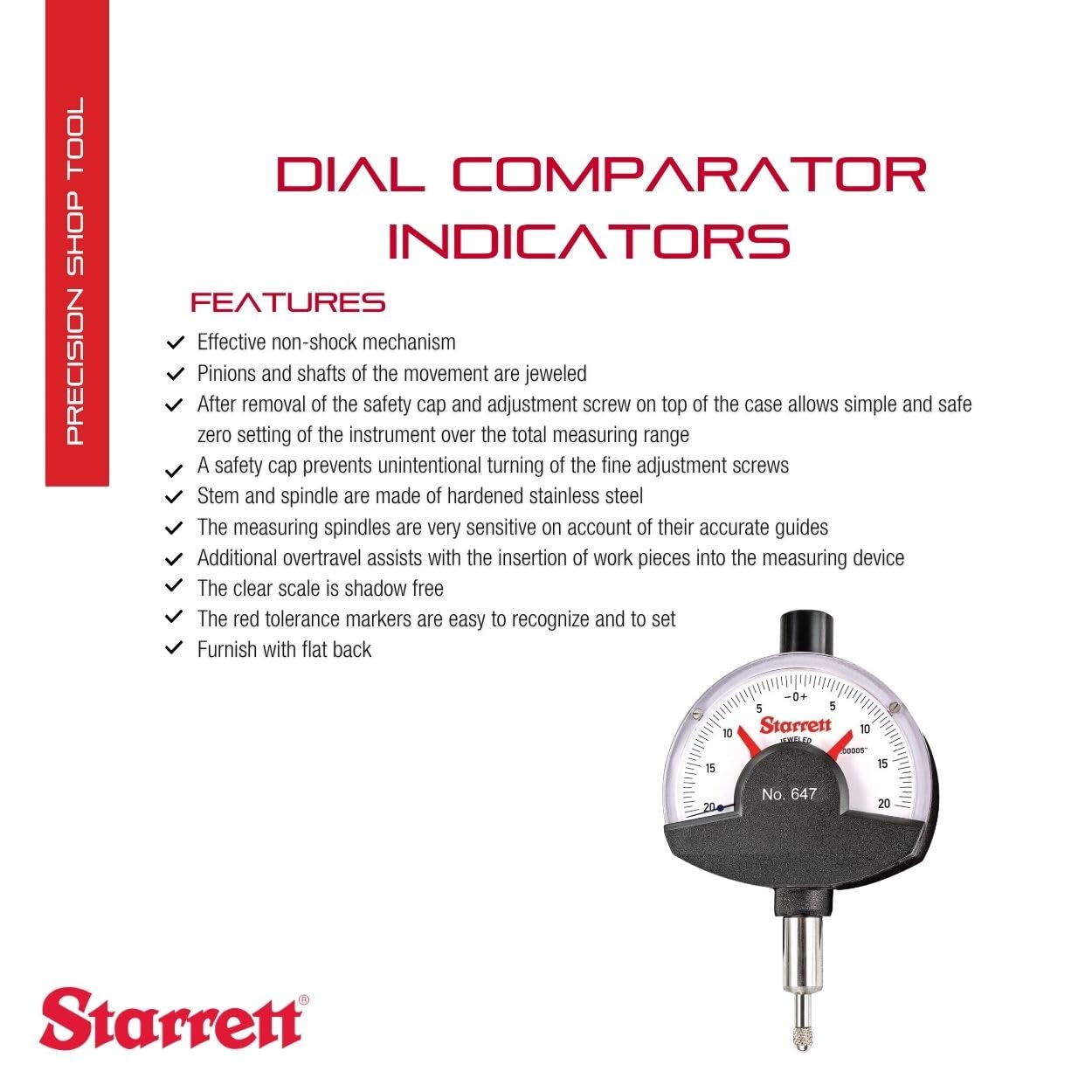 Starrett 647 - Indicatore comparatore di quadrante, 0 cm, graduazione 0 cm, lettura del quadrante 20-0-20