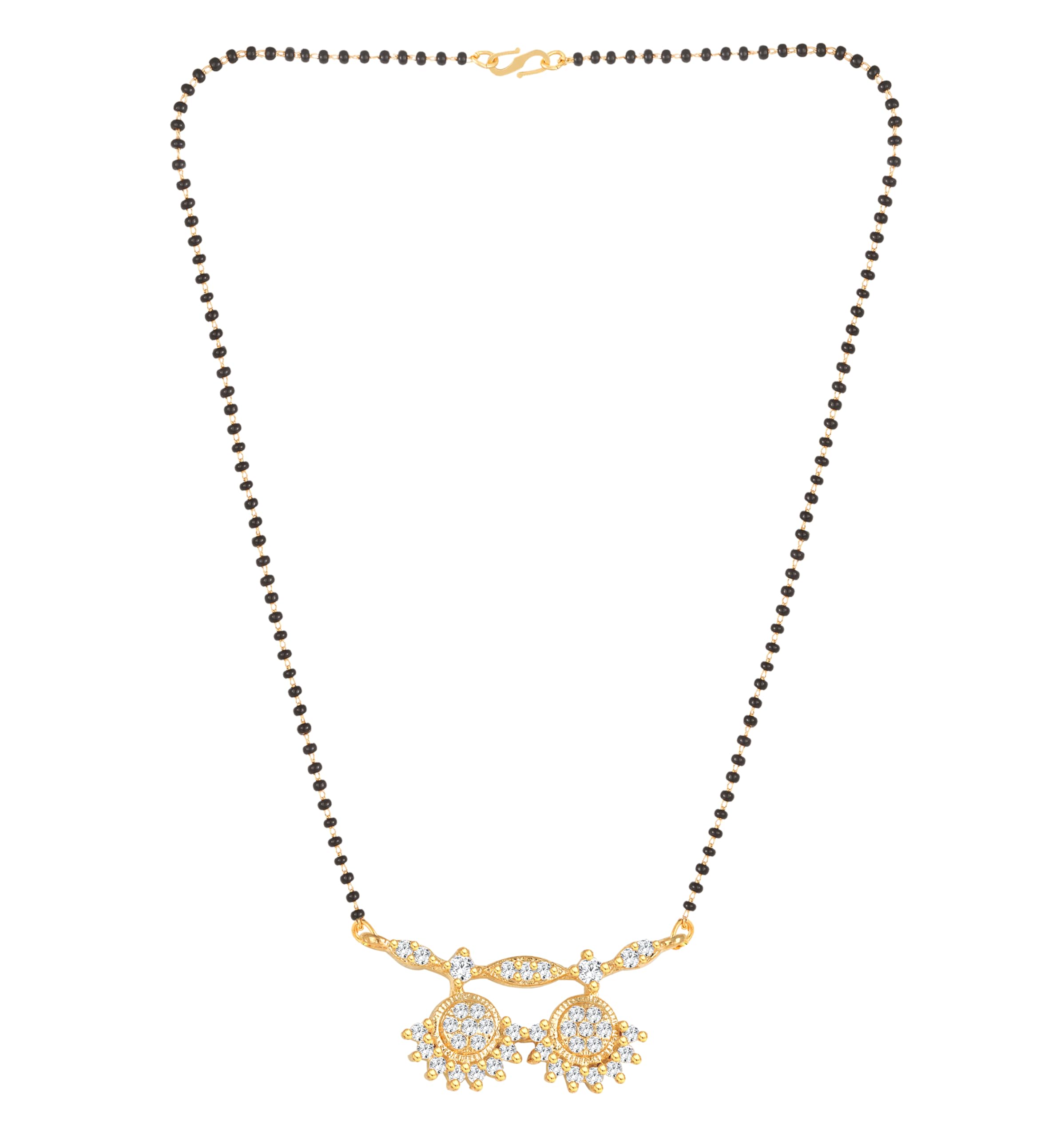 meenaz American Diamond Mangalsutra for women stylish vati wati 1gm gold mangal sutra short AD CZ Pendant Necklace design jewellery for women nallapusalu one gram 18 inch black beads chain golden -38-picture-48