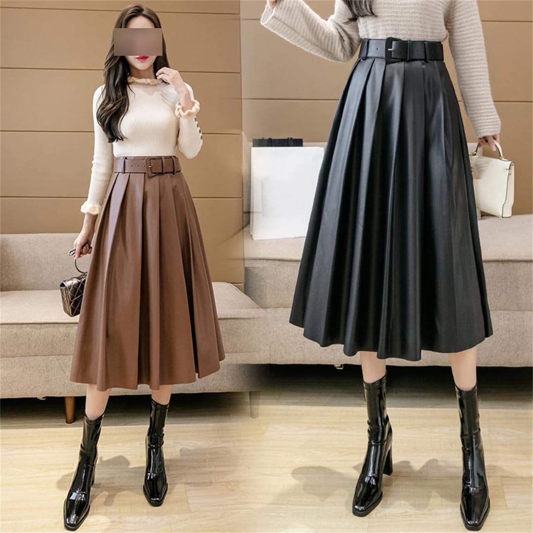 Otoño Invierno PU Cuero de Imitación Mujeres Faldas Largas Cintura Alta Paraguas Vintage Falda de Línea A