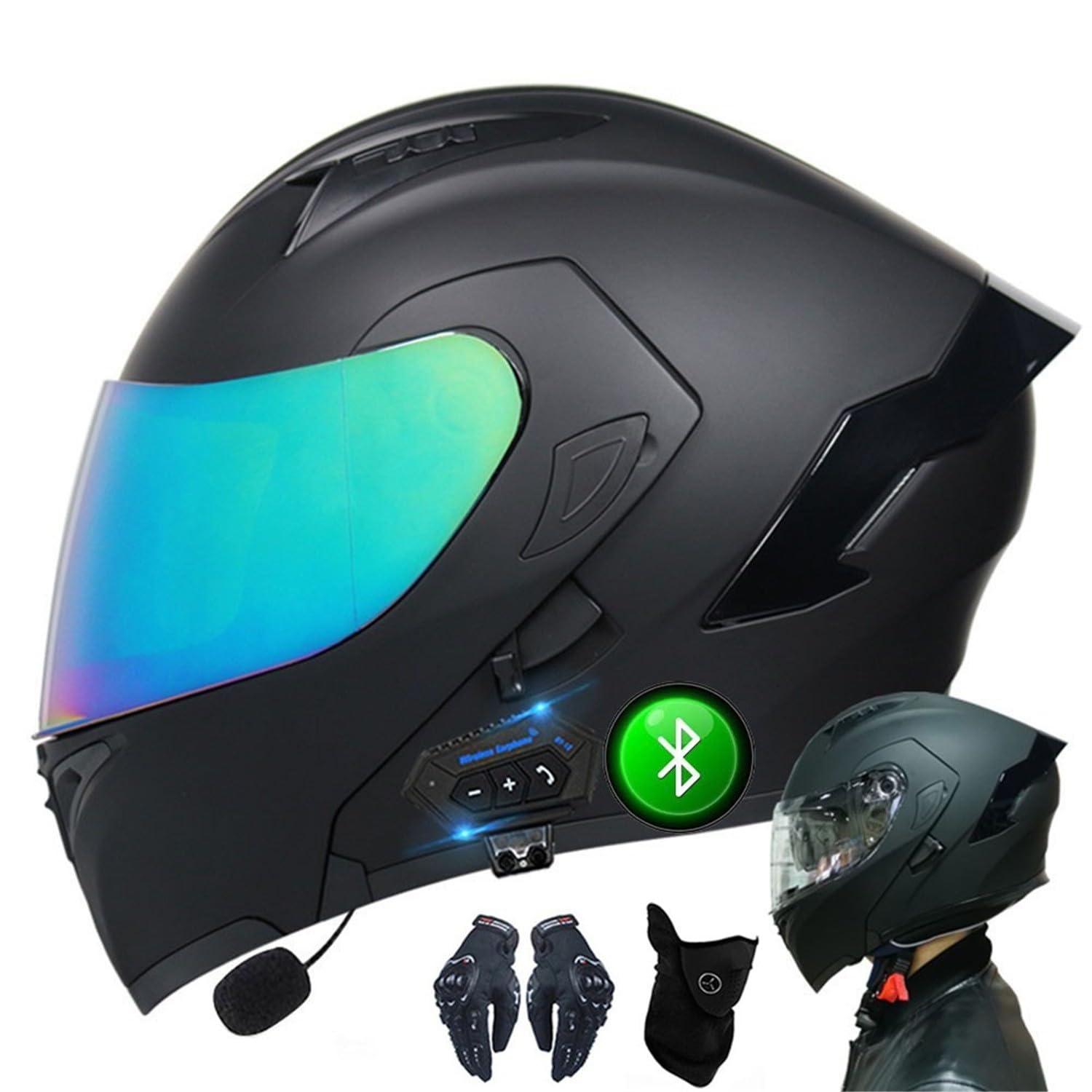 CNNGU Motorcycle Bluetooth Helmet With Gloves And Face Cover, DOT/ECE Approved Flip-up Helmet Modular Helmet, Double Sun Visor Full Helmet, Removable And Washable Lining