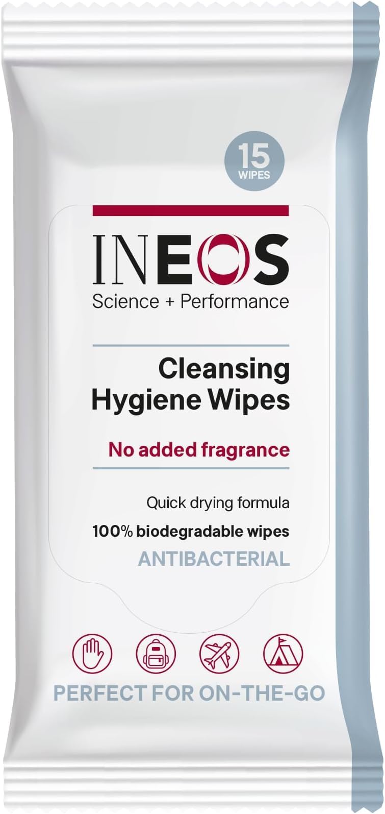 INEOS Cleansing Hygiene Wipes x15, Fragrance Free, Antibacterial, Biodegradable, Perfect For On-The-Go, Packaging May Vary, Packaging May Vary (Pack of 5)