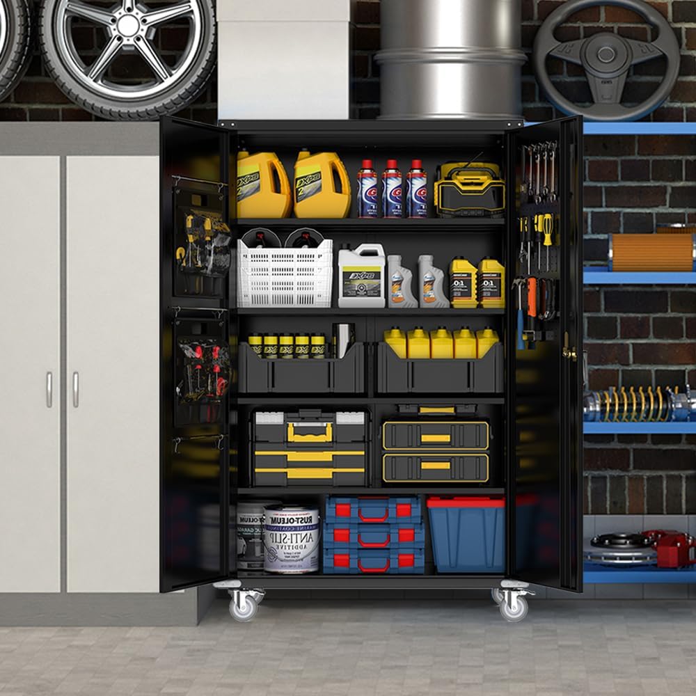 Yeeoy Wide & Deep Metal Garage Storage Cabinet with Pegboard & Adjustable Shelves, Lockable Storage Cabinet with Wheels, Tool Organization Cabinets for Office Garage Shop, 43''W x 22''D x 72''H