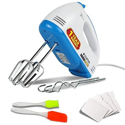Castor HM300L Hand Mixer with 7 Speed Control, Blender/Egg Beater for Cakes, with 2 Stainless Steel Beaters, 2 Dough Hooks, Scraper Set, Spatula & Brush - White & Blue