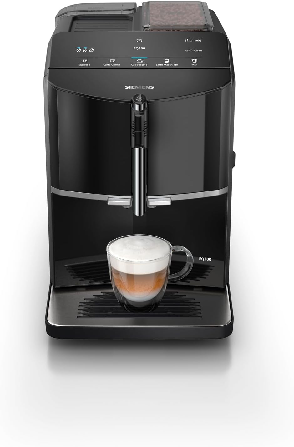 EQ300 Fully Automatic Bean to Cup Espresso Coffee Machine with milk frother arm, oneTouch Function, 4 coffee beverages, 3 coffee strengths, TF301G19, Piano Black