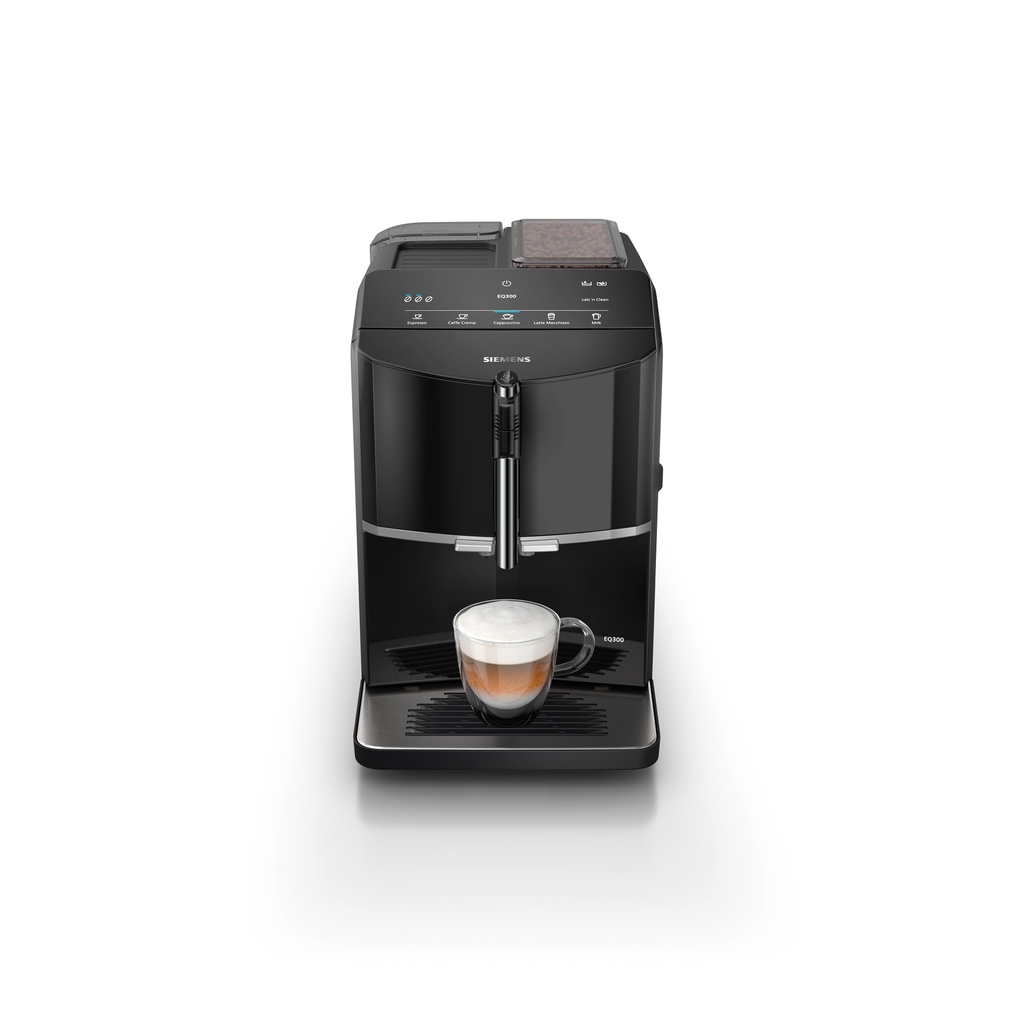 SIEMENS EQ300 Fully Automatic Bean to Cup Espresso Coffee Machine with milk frother arm, oneTouch Function, 4 coffee beverages, 3 coffee strengths, TF301G19, Piano Black