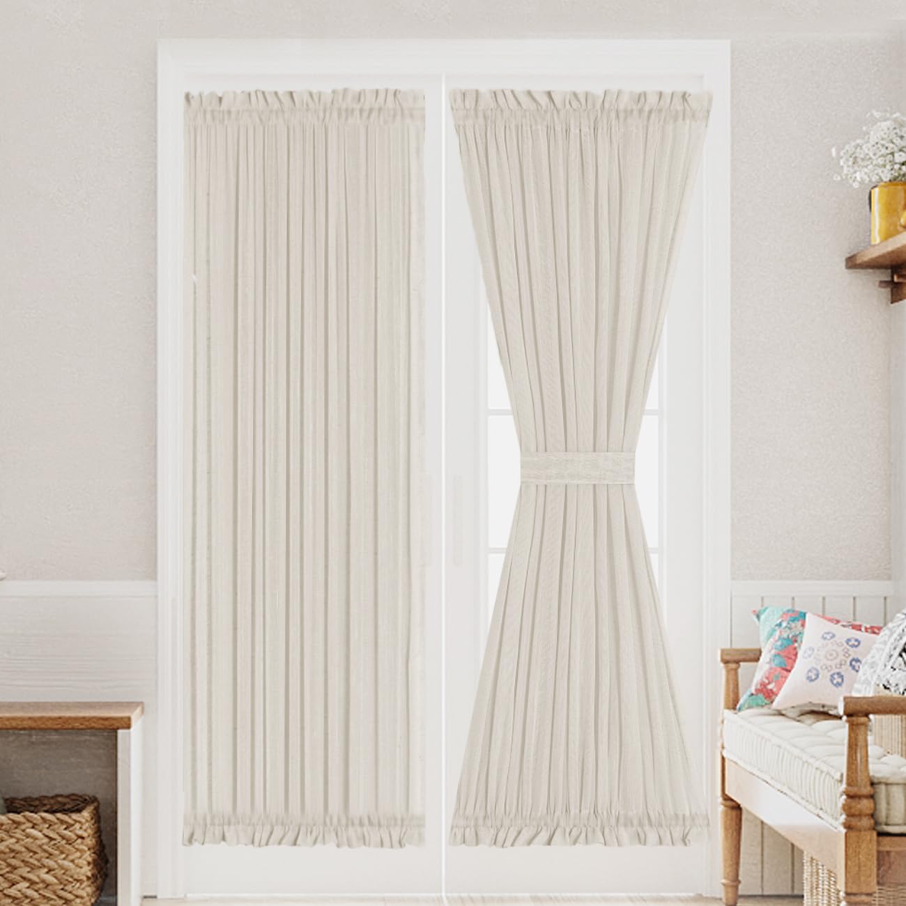 Turquoize Elegant Linen French Door Curtains Light Filtering Curtain Panels Rod Pocket Linen Panel for Glass Door with Tie-Back Privacy Assured Semi Sheer Panel, 52" W by 72" L, 2 Panels, Natural