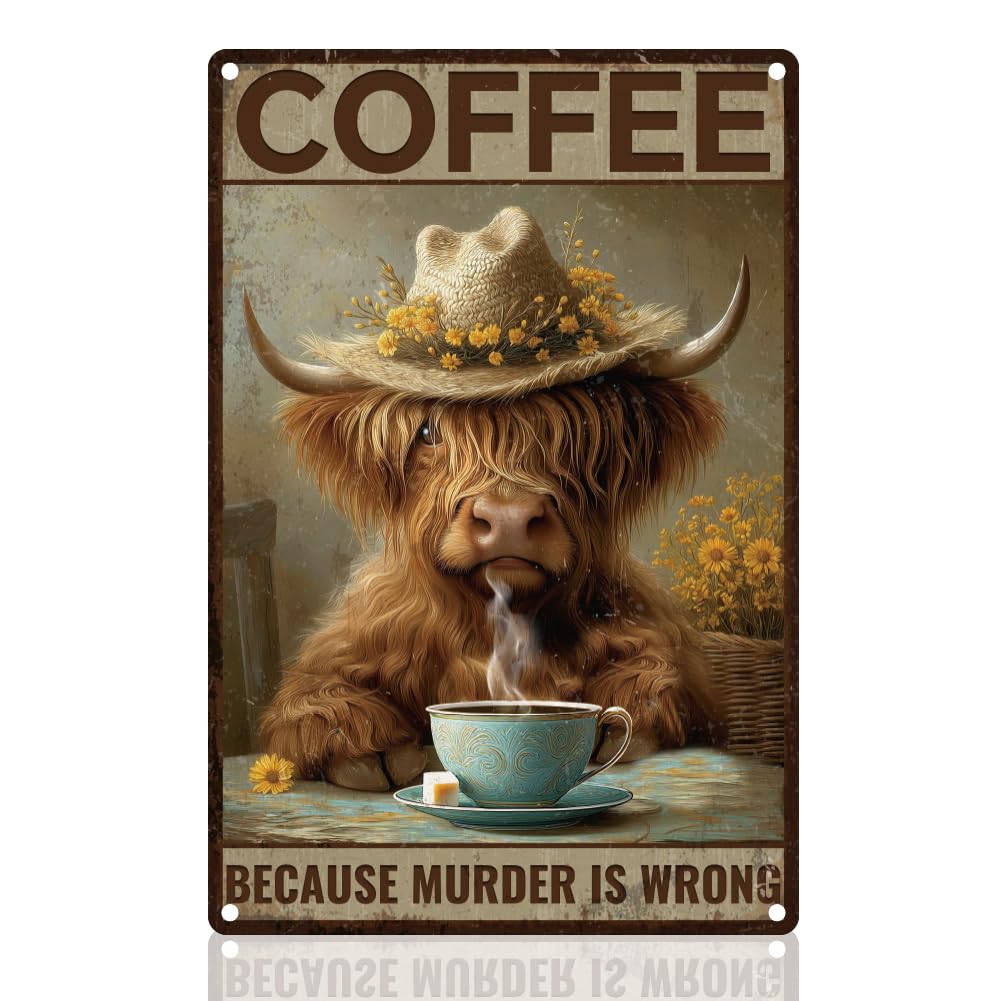 DOODLREAM Highland Cow Coffee Vintage Metal Tin Sign Wall Art Home Decor