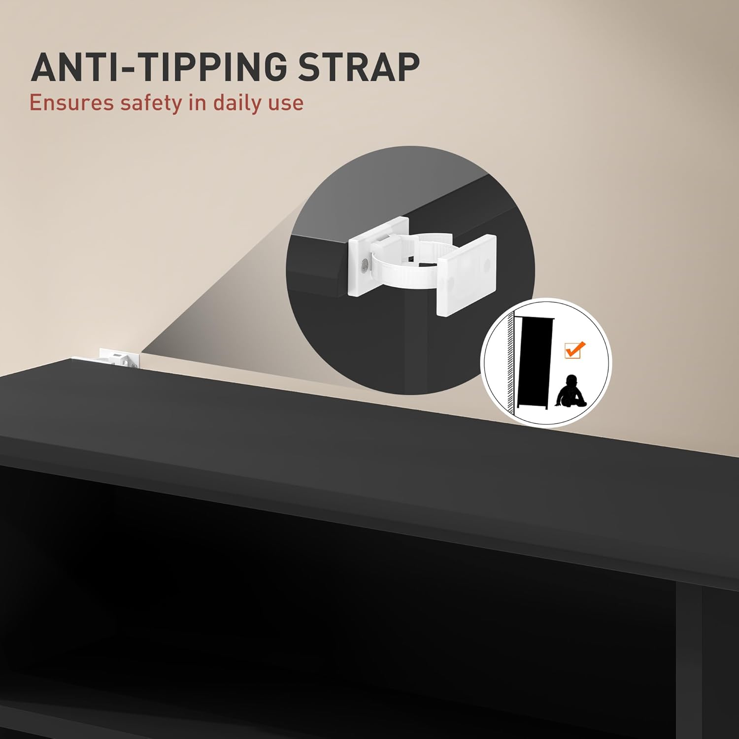 Close-up image showing the anti-tipping strap securely attached to the top of the media cabinet and a wall.