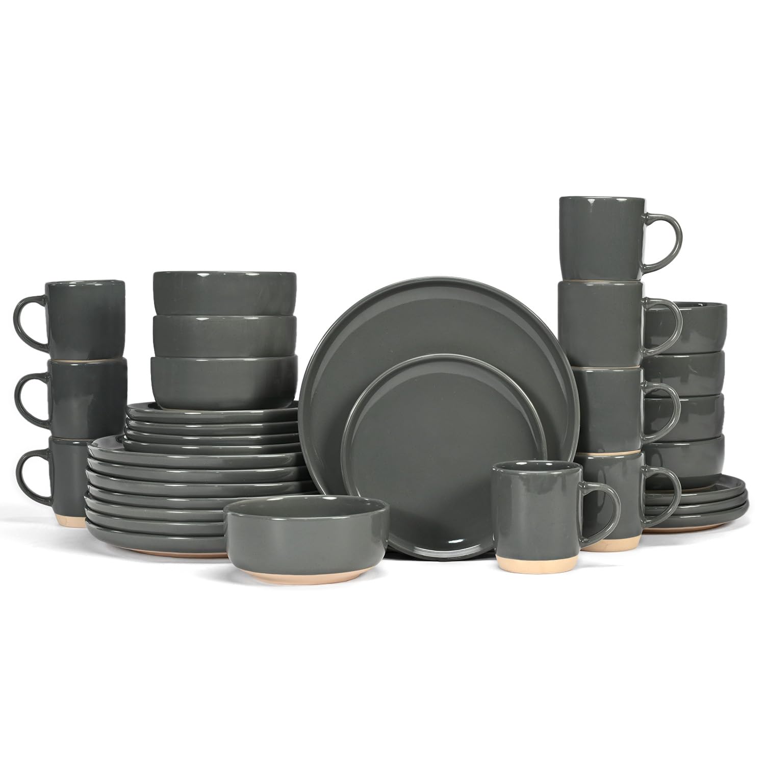 OTAGO 32-Piece Stoneware Dinnerware Set for 8 with Mugs, Plates and Bowls Sets Partially Unglazed Base, Scratch Resistant Ceramic Dish Set, Microwave