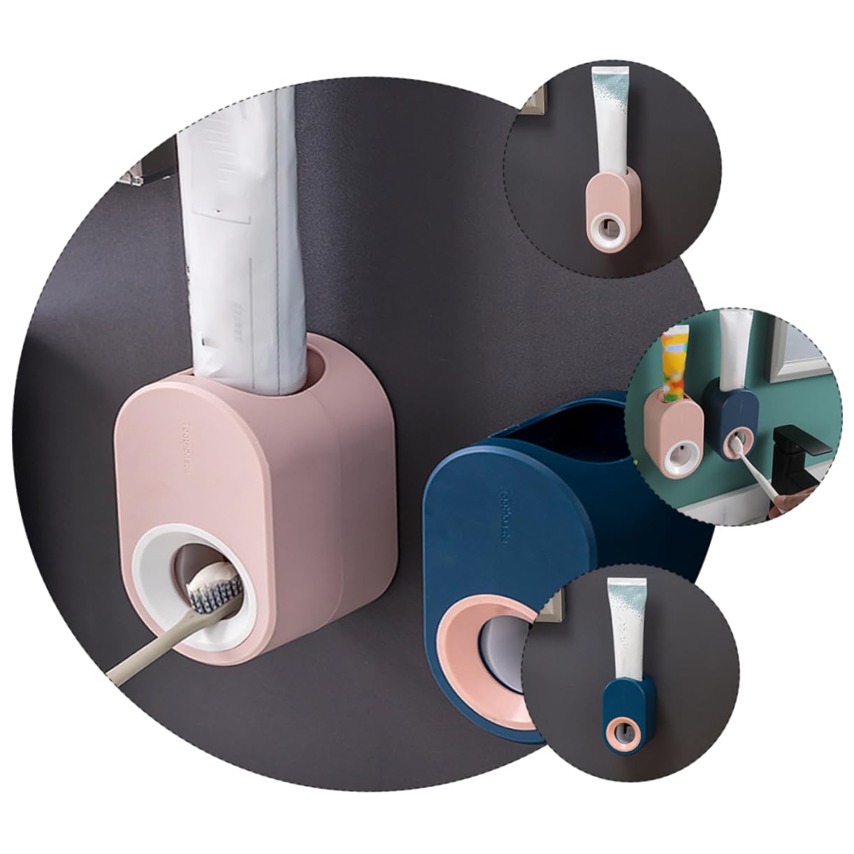 Ciieeo Othpaste Dispenser for Bathroom 2pcs Set Anti-Slip Base Wall Mount Automatic Squeezer Blue Pink