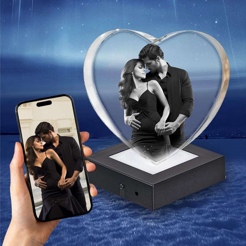 3D Photo Crystal, Personalized 3D Picture in Crystal, Customized Photo Gift & Personalized Photo Gifts for birthdays, Christmas Day, Valentine's Day, Mother's Day, Father's Day, and some special moments, Laser Engraving 3D Pictures and Customized Text(Heart, S M L XXL)