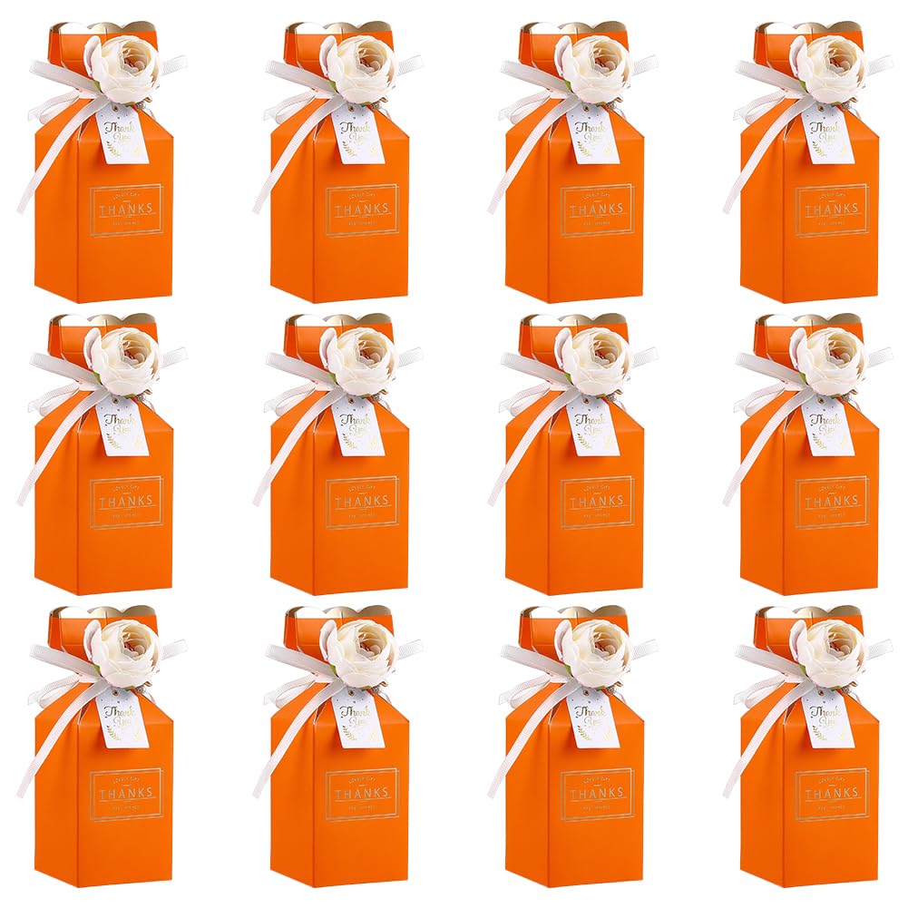 Boîtes à bonbons en forme de fleur 3D orange avec rubans pour déco de table mariage - 6