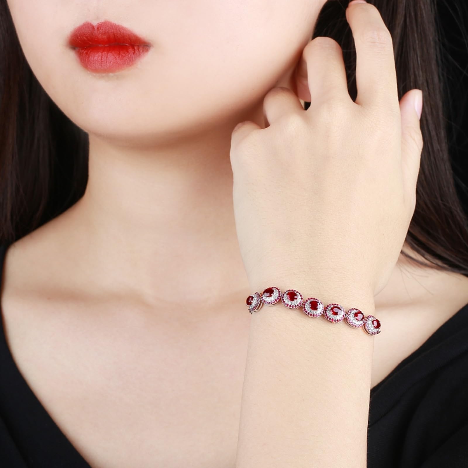 Bracciale Oro Bianco Donna 18k/14k/9k Vero, Bracciale Donna Rubino Sintetico 3.68ct 16-18 cm Estensione 4 cm con Moissanite, Braccialetto da Sposa Fidanzati
